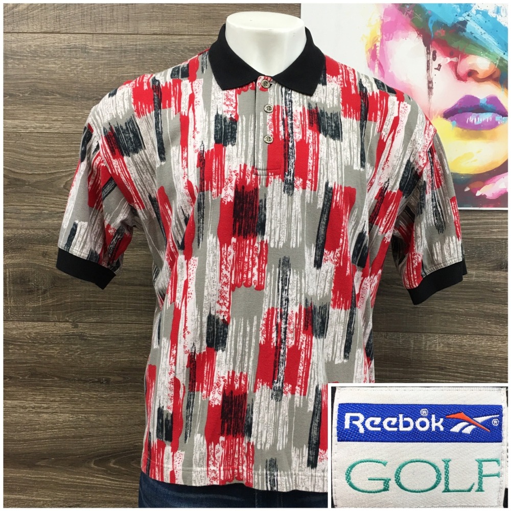 VINTAGE Y2K Reebok Golf Mens Large Polo Shirt Abstract Print Short Sleeve Cotton